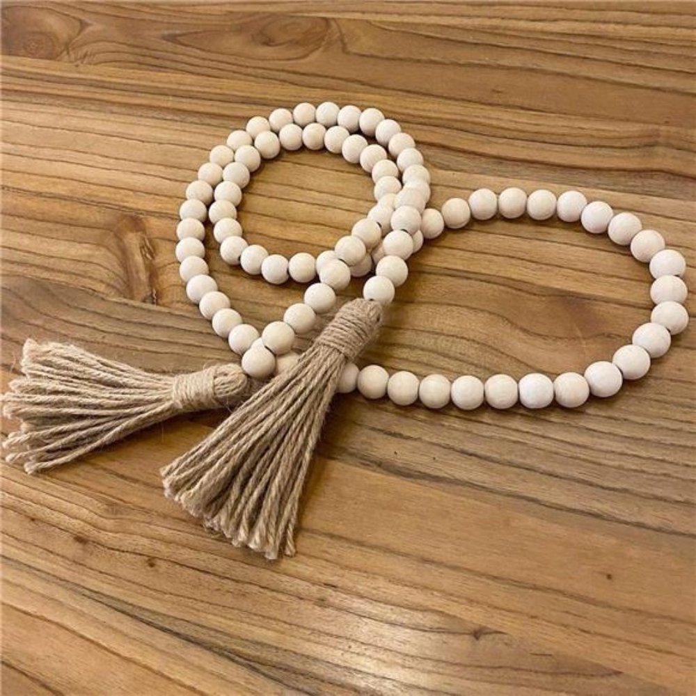 Farmhouse Beads 58in Wood Bead Garland with Tassels Rustic Country Decor - Picture 2 of 5